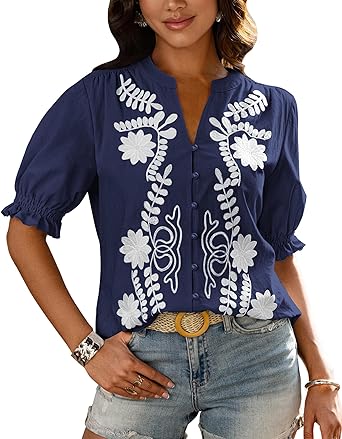 BTFBM Women's 2026 Spring Tops Casual Floral Boho V Neck Puff Short Sleeve Button Down Shirts Embroidered Blouses Tunic