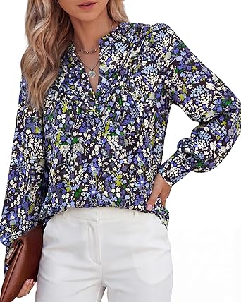 BTFBM Womens Tops Dressy Casual Spring 2026 Boho Floral V Neck Long Sleeve Half Button Down Shirt Work Business Blouses