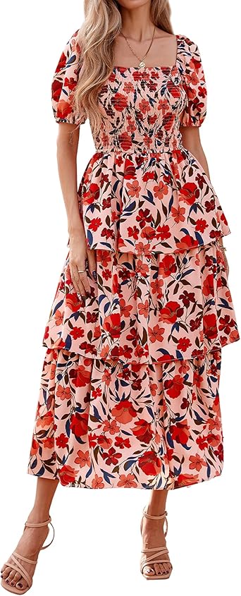 BTFBM Womens Square Neck Smocked Dress Summer Puff Short Sleeve Floral Casual Ruffle Tiered Maxi Wedding Guest Dresses