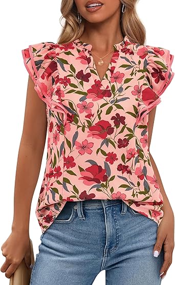 BTFBM Womens Tops Dressy Casual 2026 Spring Summer Shirts Boho Floral V Neck Ruffle Cap Sleeve Business Work Blouses