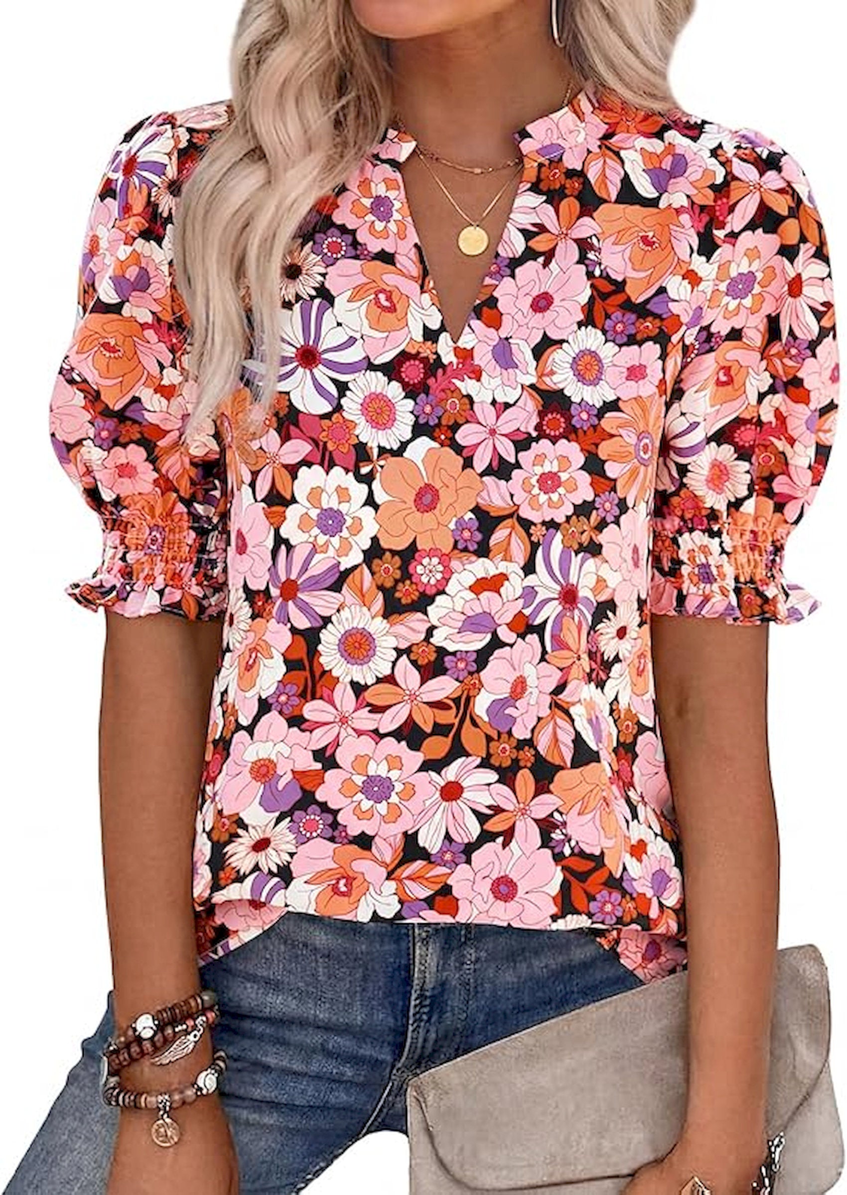 BTFBM Summer Blouses for Women Dressy Casual 2026 Fashion Spring Tops Floral Boho V Neck Puff Short Sleeve Top Shirts