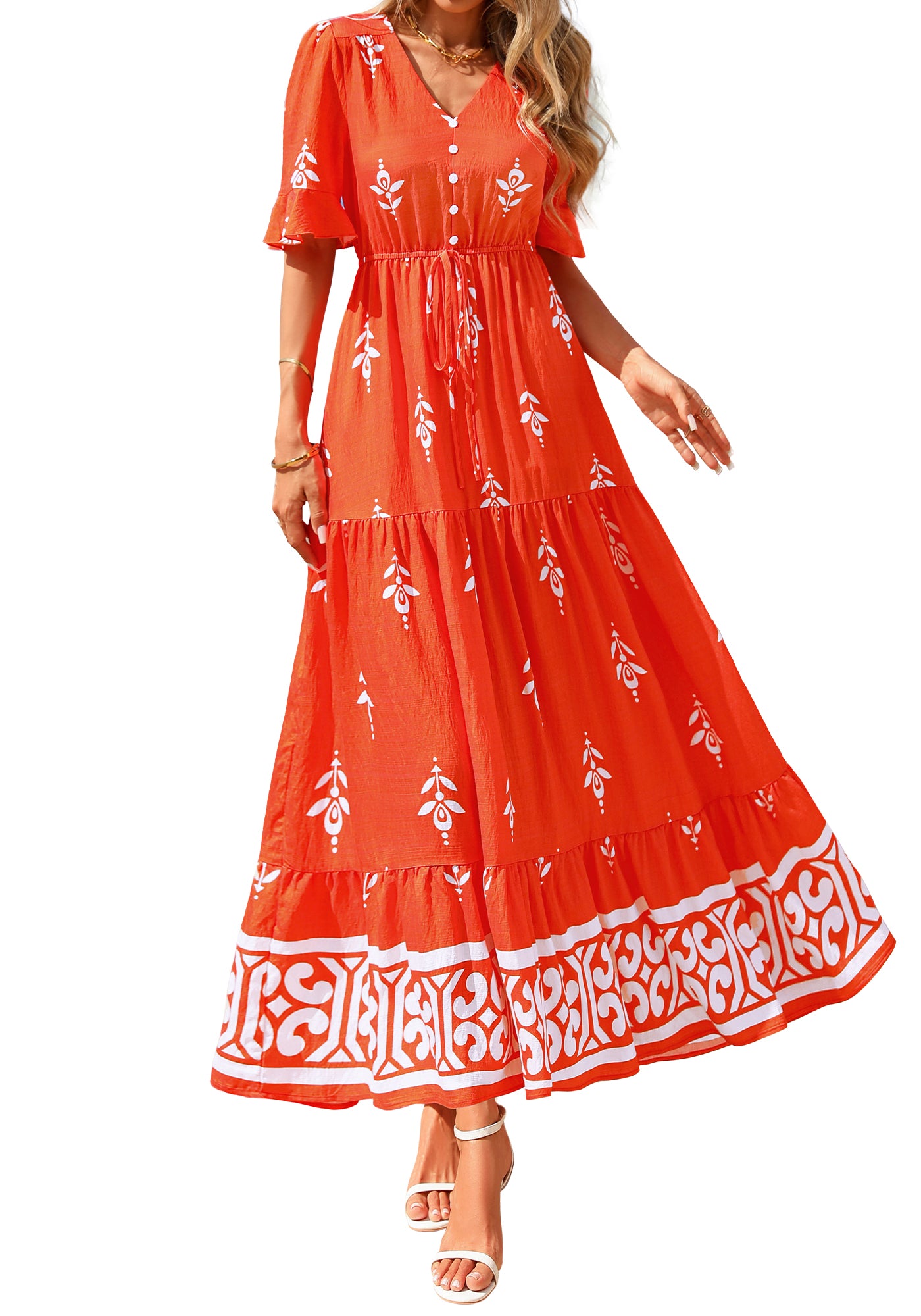 BTFBM Boho Dresses for Women 2026 Summer Spring Casual Floral Short Sleeve V Neck Flowy A-Line Maxi Party Dress Pockets