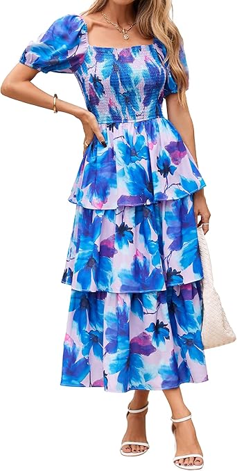 BTFBM Womens Square Neck Smocked Dress Summer Puff Short Sleeve Floral Casual Ruffle Tiered Maxi Wedding Guest Dresses