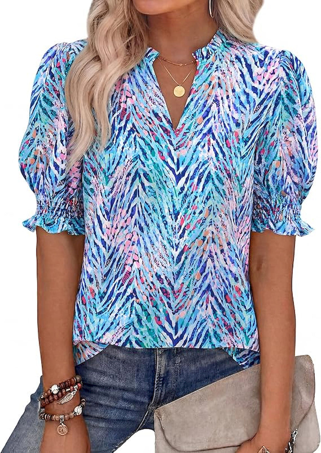 BTFBM Summer Blouses for Women Dressy Casual 2026 Fashion Spring Tops Floral Boho V Neck Puff Short Sleeve Top Shirts