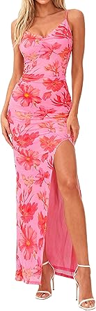 BTFBM Summer Dresses for Women 2026 Bodycon Spaghetti Strap Floral High Split Maxi Cocktail Wedding Guest Dress