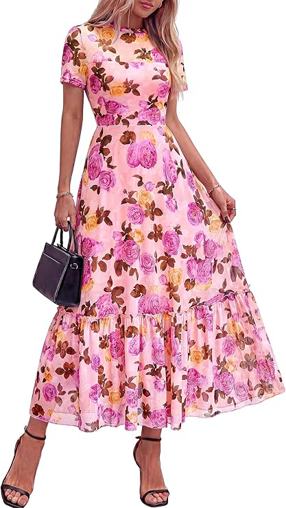 BTFBM Summer Dresses for Women 2026 Mesh Short Sleeve Floral Print Ruffle Long Boho Wedding Guest Dress Cocktail