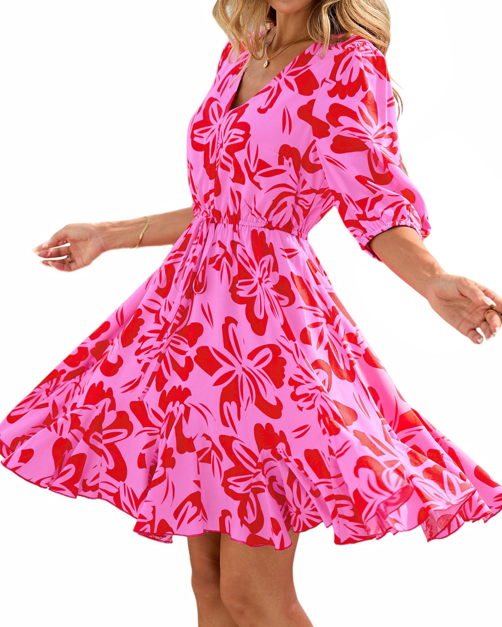 BTFBM Women Summer Spring Floral Boho Dress 2026 V Neck Short Sleeve Ruffle Beach Vacation Clothes Wedding Guest Dresses