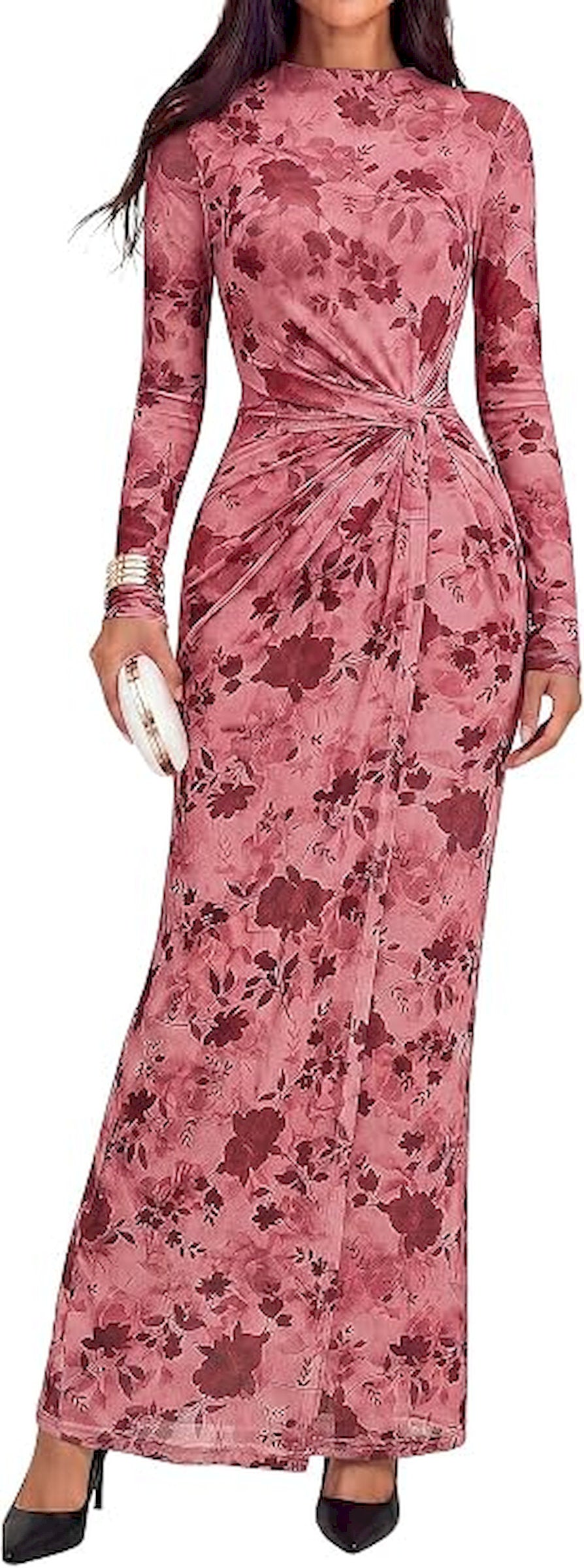 BTFBM Cocktail Dresses for Women Fall Fashion 2026 | Mock Neck, Floral, Sheer Mesh, Long Sleeve, Ruched, Twist Knot, Slit, Graduation,Baby Shower, Maxi Formal Wedding Guest Dress