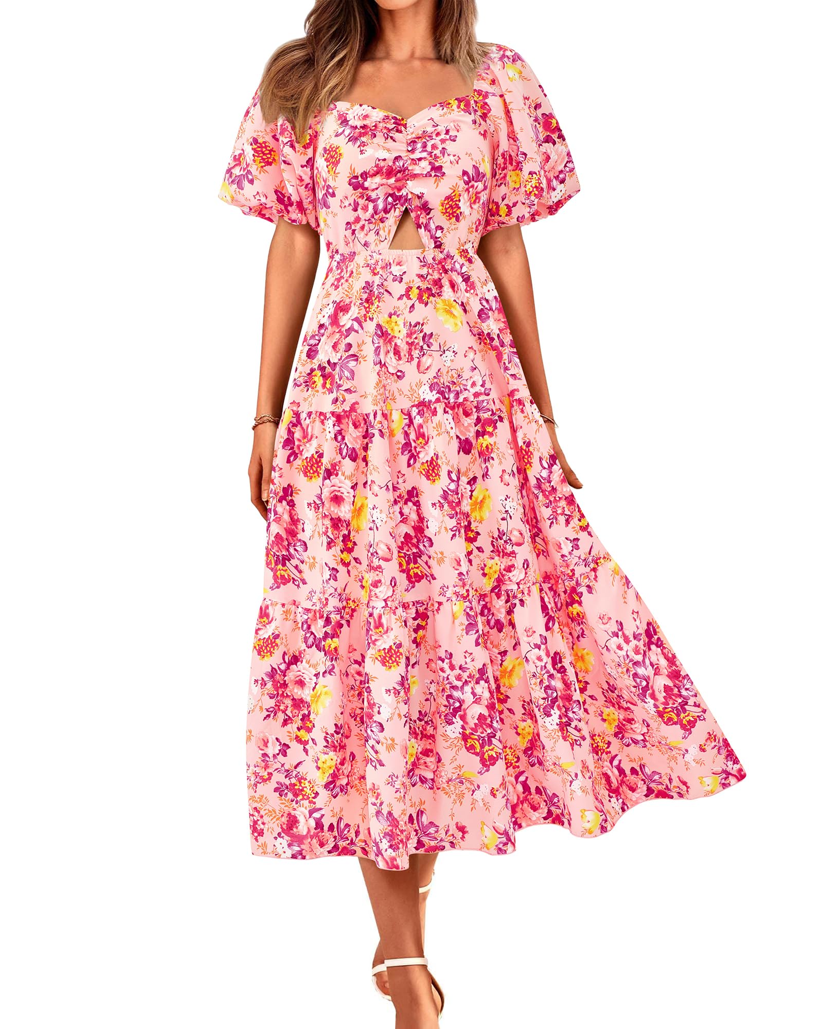 BTFBM Summer Dresses for Women 2026 Spring Outfits Beach Vacation Short Sleeve Smocked Boho Casual Floral Maxi Dress