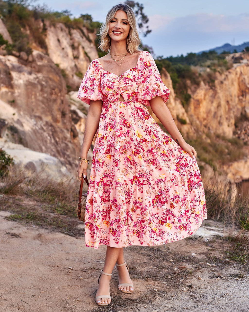 BTFBM Summer Dresses for Women 2026 Spring Outfits Beach Vacation Short Sleeve Smocked Boho Casual Floral Maxi Dress