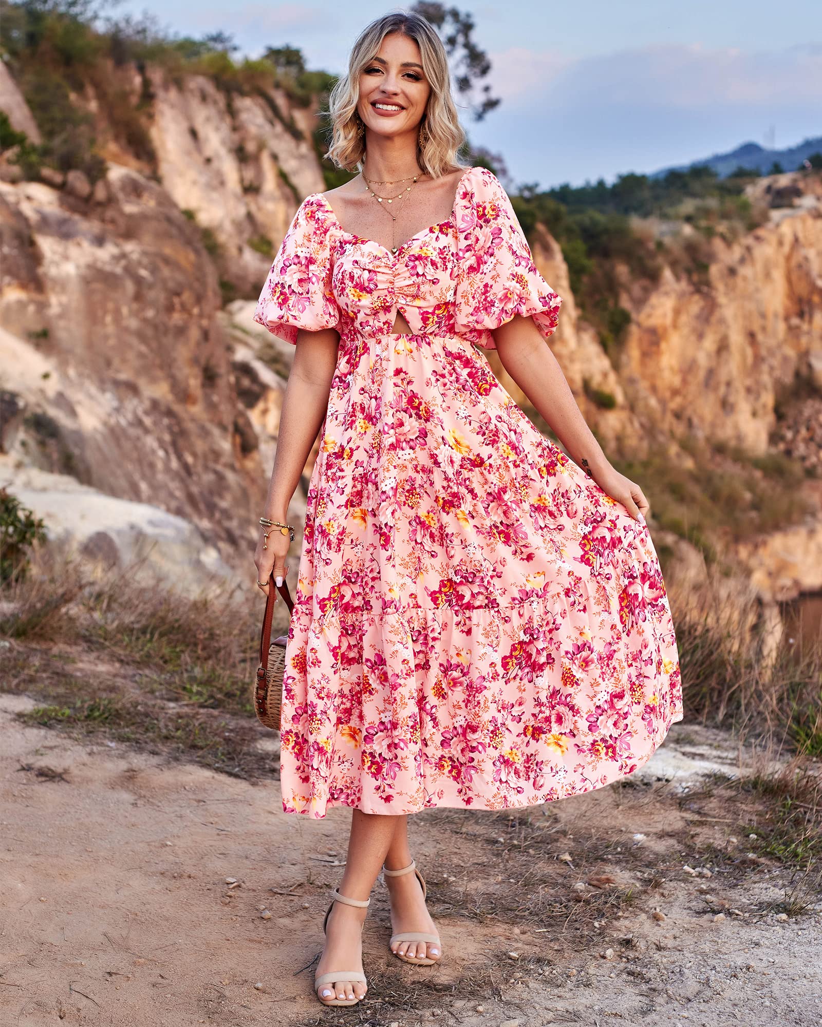 BTFBM Summer Dresses for Women 2026 Spring Outfits Beach Vacation Short Sleeve Smocked Boho Casual Floral Maxi Dress