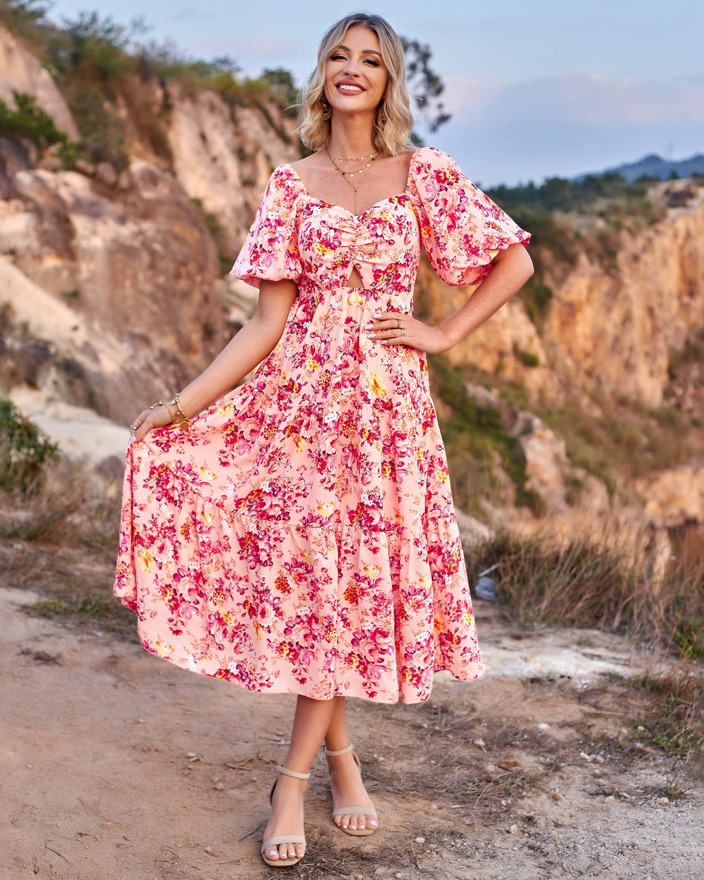 BTFBM Summer Dresses for Women 2026 Spring Outfits Beach Vacation Short Sleeve Smocked Boho Casual Floral Maxi Dress