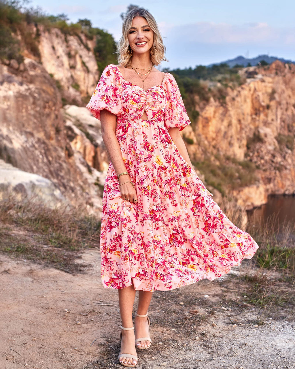 BTFBM Summer Dresses for Women 2026 Spring Outfits Beach Vacation Short Sleeve Smocked Boho Casual Floral Maxi Dress
