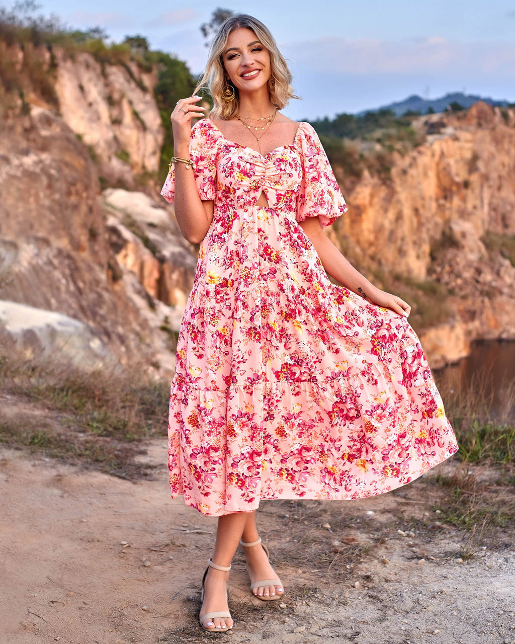 BTFBM Summer Dresses for Women 2026 Spring Outfits Beach Vacation Short Sleeve Smocked Boho Casual Floral Maxi Dress