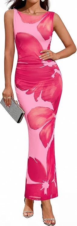 BTFBM Women Floral Cocktail Wedding Guest Dress Summer Spring 2026 Twist Strap Bodycon Mesh Beach Vacation Maxi Dresses