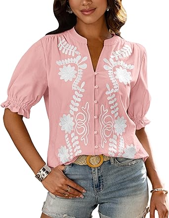 BTFBM Women's 2026 Spring Tops Casual Floral Boho V Neck Puff Short Sleeve Button Down Shirts Embroidered Blouses Tunic