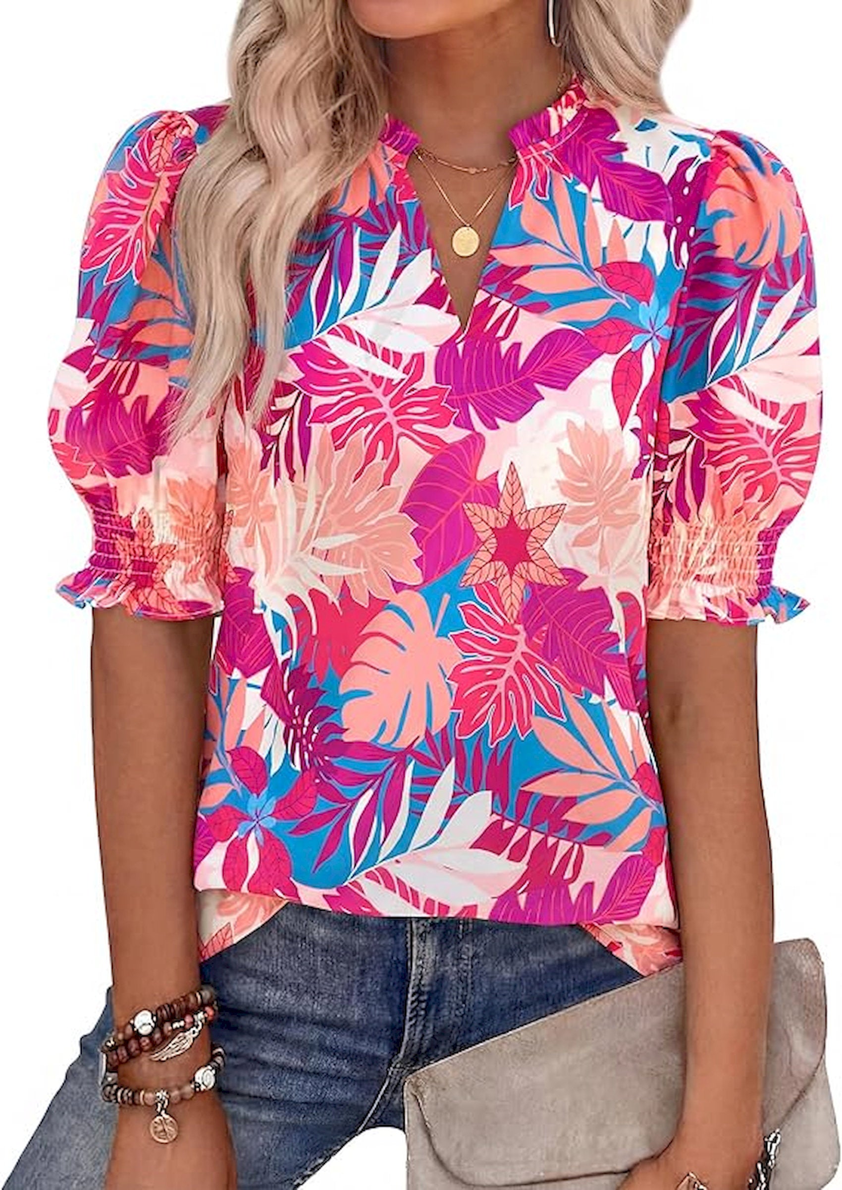 BTFBM Summer Blouses for Women Dressy Casual 2026 Fashion Spring Tops Floral Boho V Neck Puff Short Sleeve Top Shirts