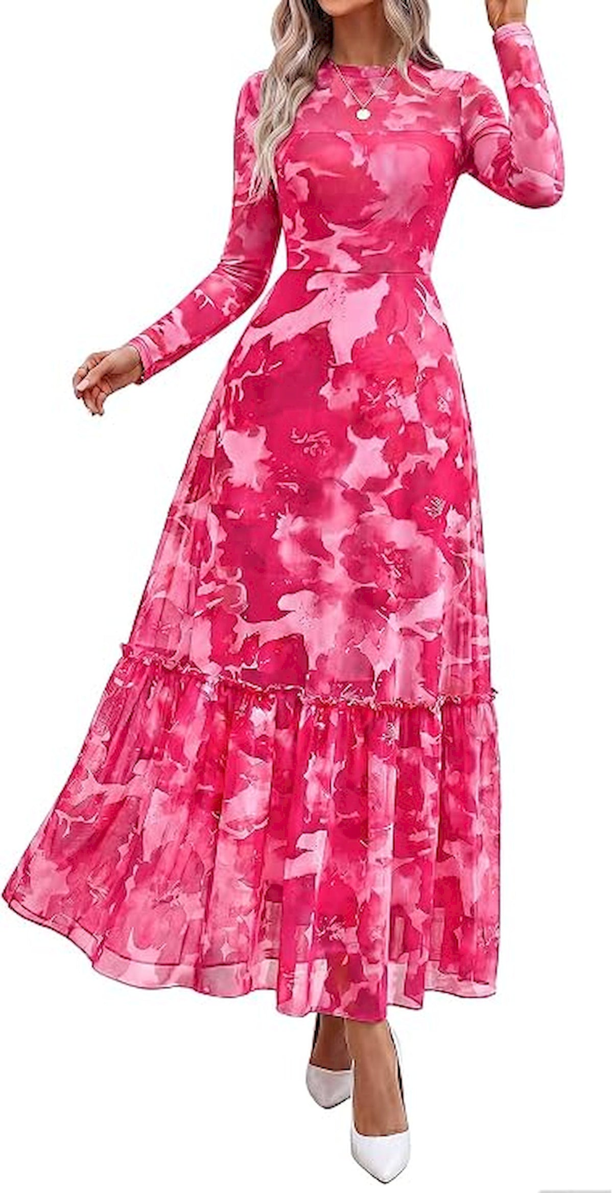 BTFBM Boho Mesh Long Sleeve Dress for Women | Mock Neck, Floral, A Line, Tiered, Baby Shower, Graduation, Wedding, Cocktail Maxi Dresses, 2026 Fall Fashion, Resort Wear