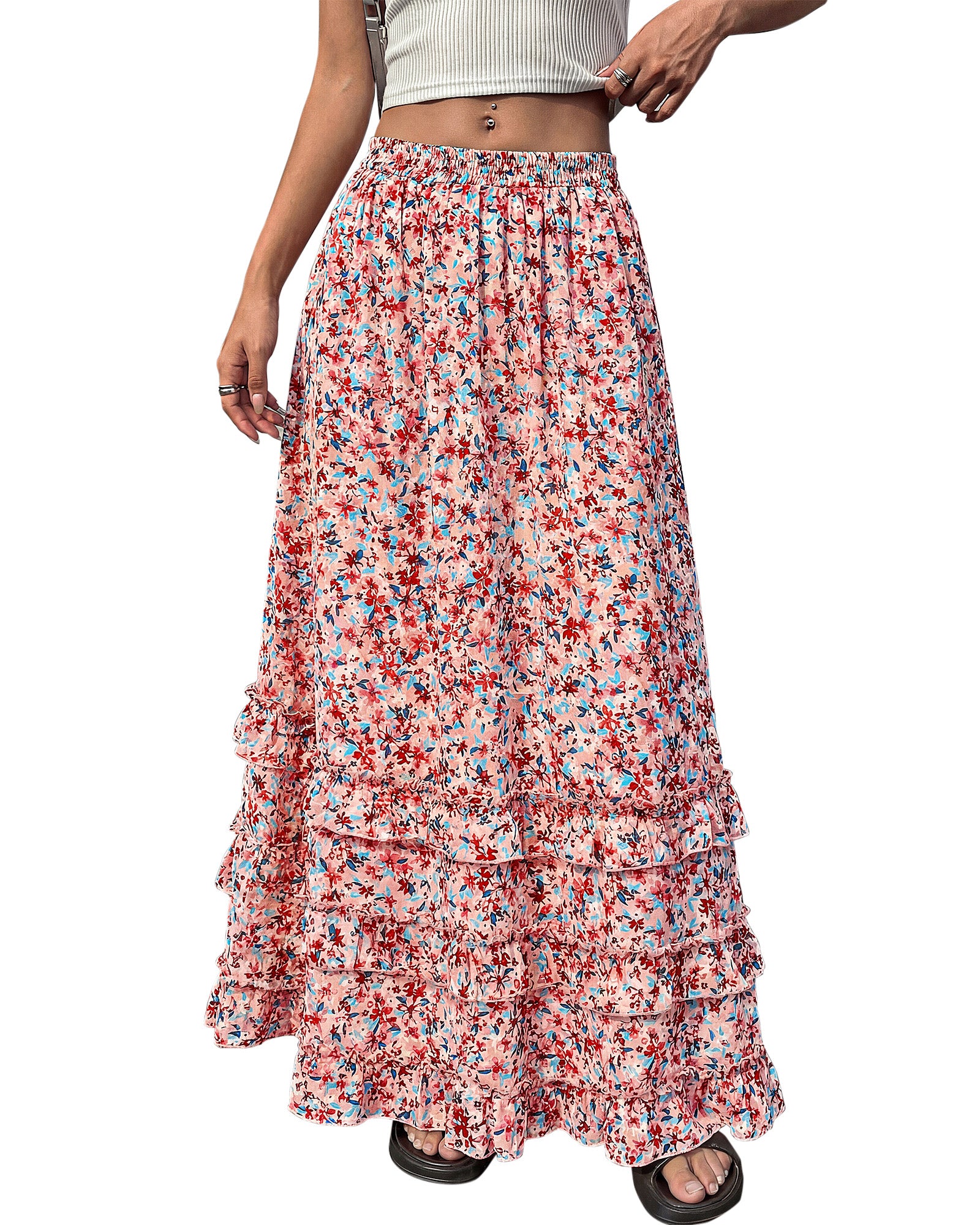 BTFBM Skirts for Women Summer Flowy A-Line Floral Boho Maxi Skirt Long Wedding Guest Dresses Spring Outfits 2026