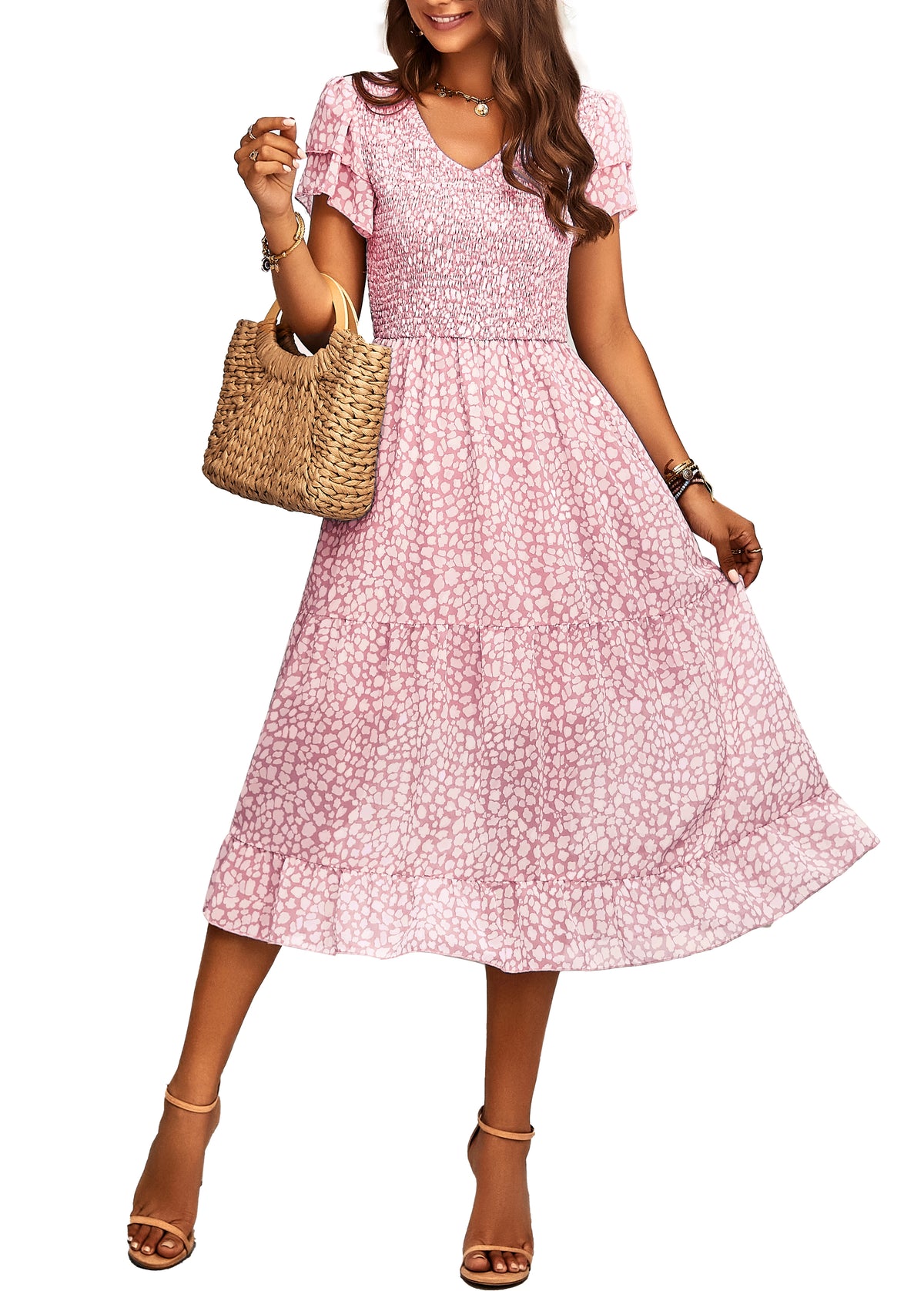 BTFBM Women Casual Summer Dresses Wedding Guest Dress  Ruffles Tiered Sleeves, Smocked,V Neck,Midi,Boho Dress,Floral,Solid,Homecoming,Cocktail,Party,Beach Vacation Clothes