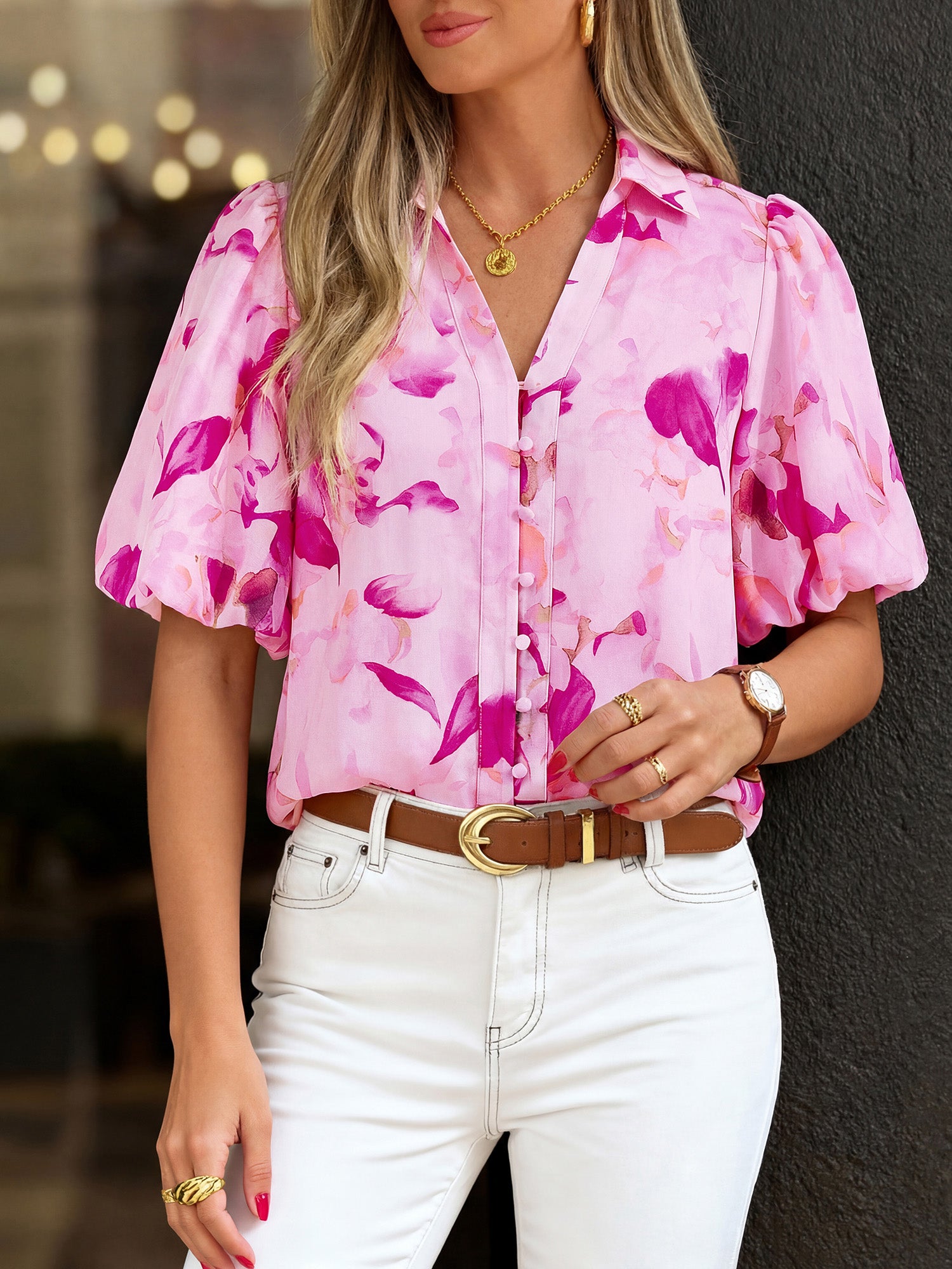 BTFBM Womens Tops Summer Button Down Shirts Casual Short Sleeve V Neck Floral Boho Business Blouses Vacation Outfits