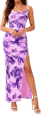 BTFBM Summer Dresses for Women 2026 Bodycon Spaghetti Strap Floral High Split Maxi Cocktail Wedding Guest Dress