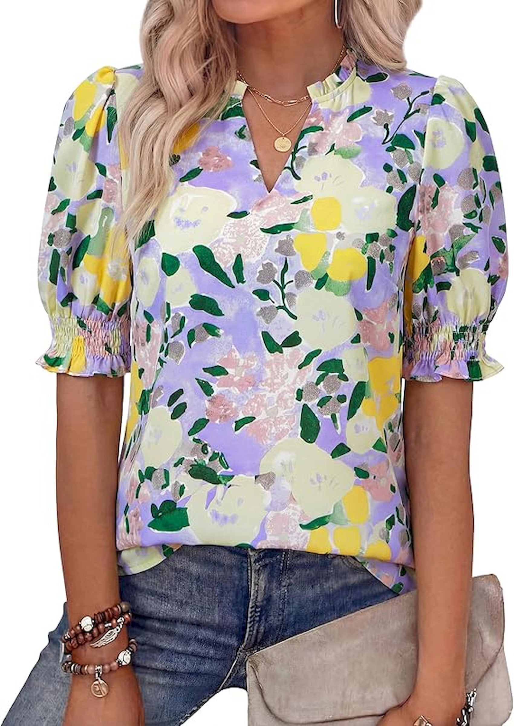 BTFBM Summer Blouses for Women Dressy Casual 2026 Fashion Spring Tops Floral Boho V Neck Puff Short Sleeve Top Shirts