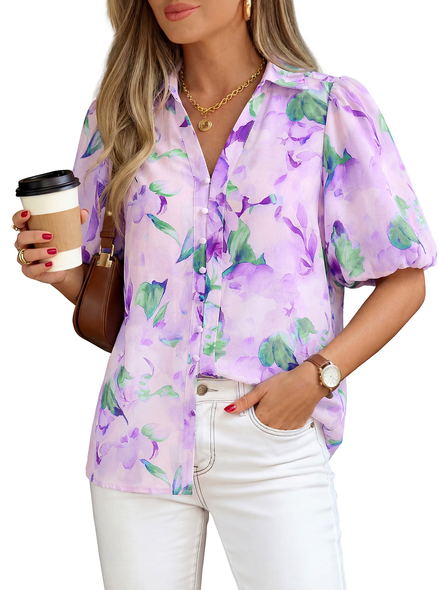 BTFBM Womens Tops Summer Button Down Shirts Casual Short Sleeve V Neck Floral Boho Business Blouses Vacation Outfits