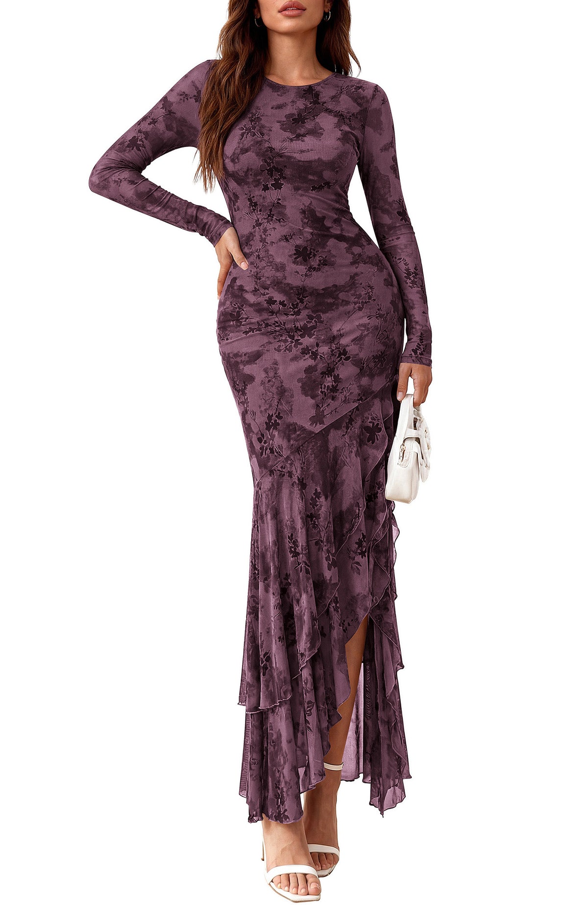 BTFBM Fall Dresses for Women 2026 Long Sleeve Cocktail Dress | Crew Neck,Split Side,Bodycon,Floral,Wedding Guest Dresses,Homecoming,Party,Prom,Brides,Beach Vacation Clothes
