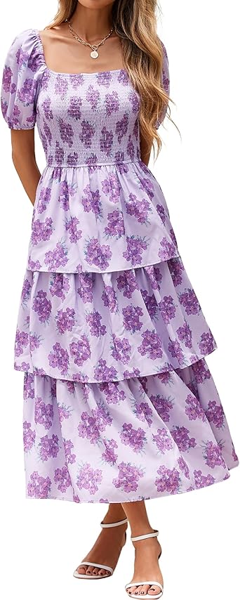 BTFBM Womens Square Neck Smocked Dress Summer Puff Short Sleeve Floral Casual Ruffle Tiered Maxi Wedding Guest Dresses