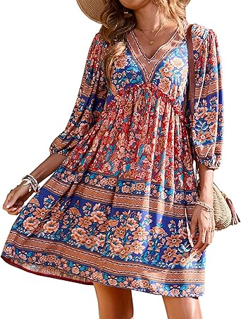 BTFBM Women Casual Spring Summer Dresses V Neck 3/4 Long Sleeve Ruffle Floral Flowy Boho Babydoll Mini Short Beach Dress