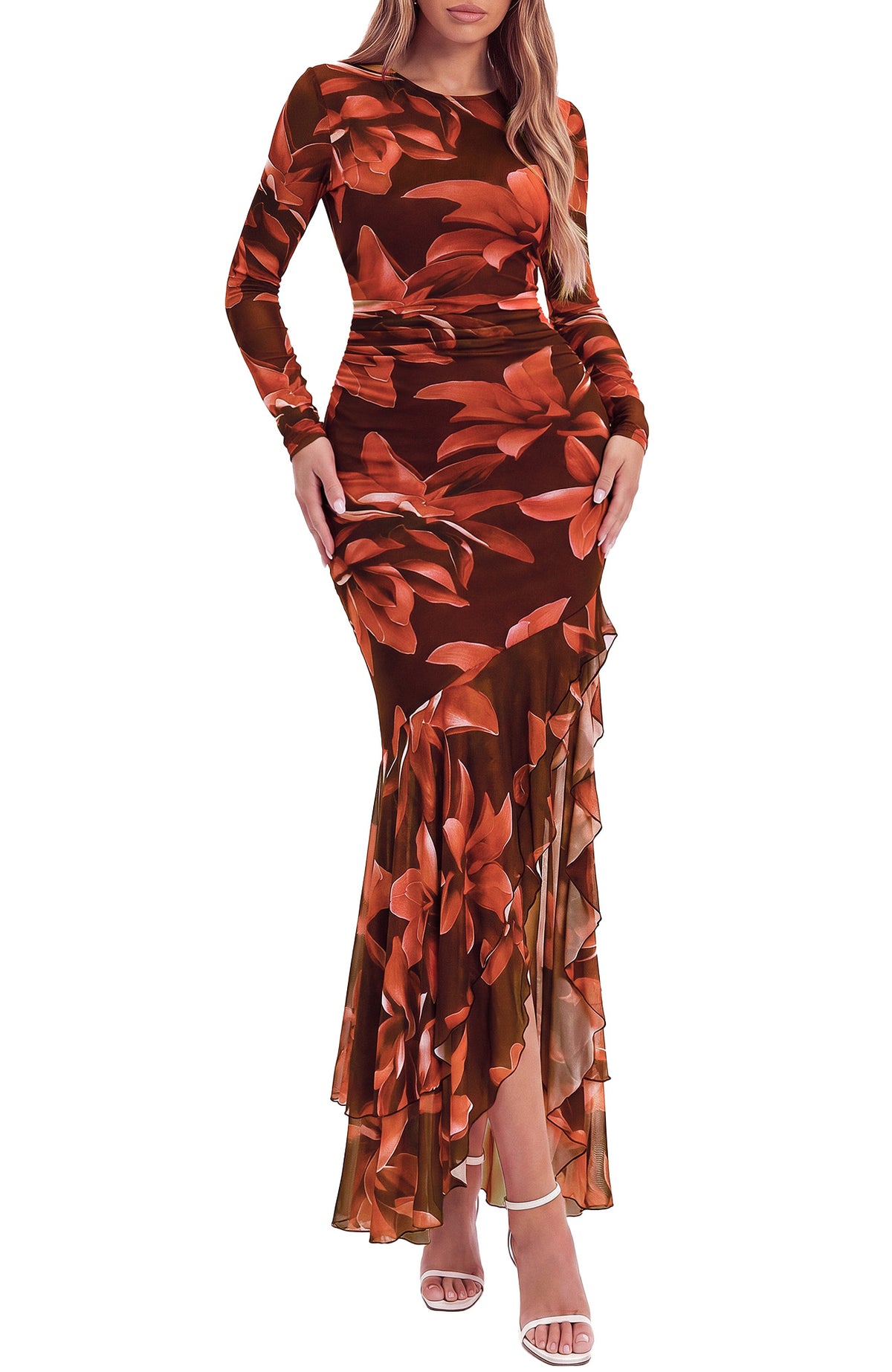 BTFBM Women's Maxi Dresses Fall 2026 Long Sleeve Bodycon Floral Ruffle Cocktail Wedding Guest Dress Concert Outfits