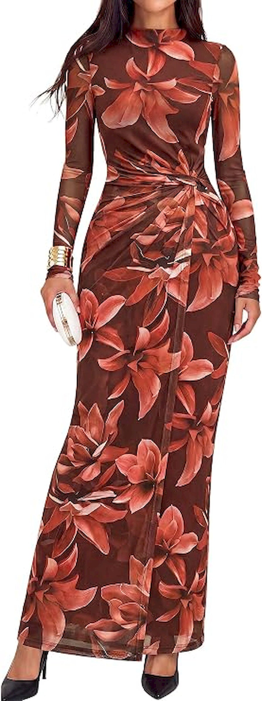 BTFBM Cocktail Dresses for Women Fall Fashion 2026 | Mock Neck, Floral, Sheer Mesh, Long Sleeve, Ruched, Twist Knot, Slit, Graduation,Baby Shower, Maxi Formal Wedding Guest Dress