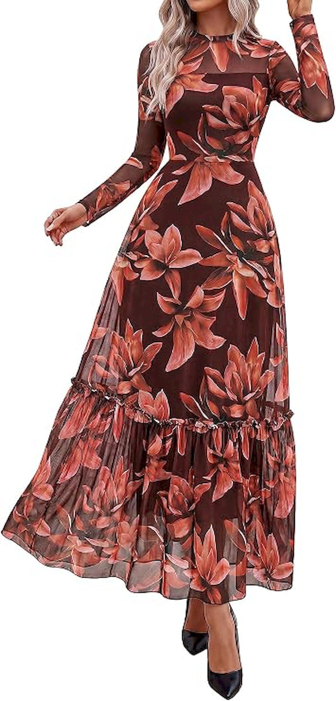 BTFBM Boho Mesh Long Sleeve Dress for Women | Mock Neck, Floral, A Line, Tiered, Baby Shower, Graduation, Wedding, Cocktail Maxi Dresses, 2026 Fall Fashion, Resort Wear