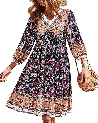 BTFBM Women Casual Spring Summer Dresses V Neck 3/4 Long Sleeve Ruffle Floral Flowy Boho Babydoll Mini Short Beach Dress