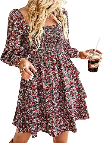 BTFBM Womens Long Sleeve Dress Vacation Square Neck Smocked Floral Swiss Dot Mini Boho Spring Wedding Guest Dresses 2026