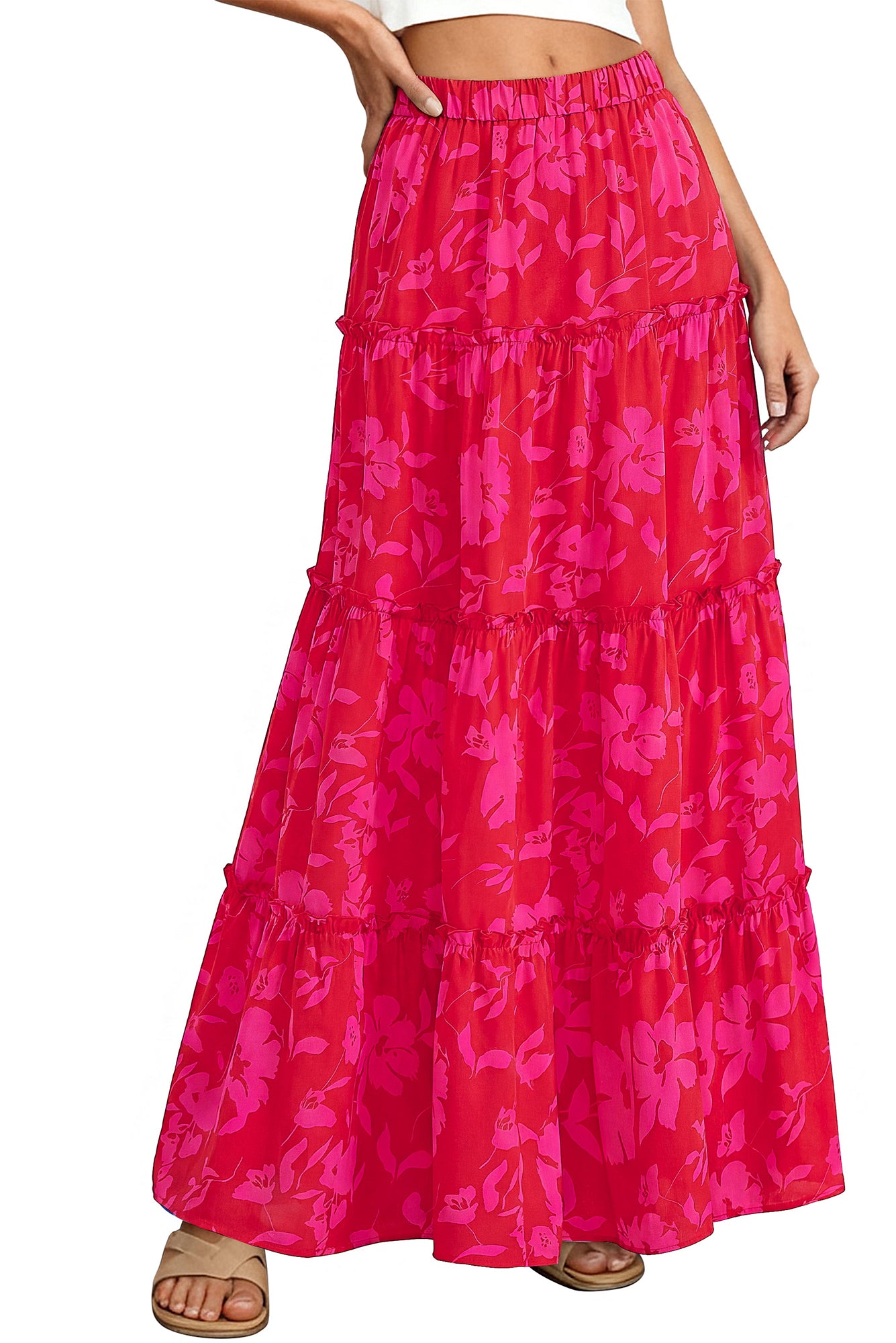 BTFBM Floral Maxi Skirts for Women Summer Spring 2026 Elastic Waist Tiered Flowy Beach Vacation Boho Midi Long Skirt