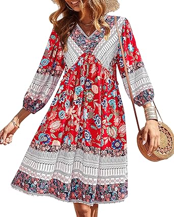 BTFBM Women Casual Spring Summer Dresses V Neck 3/4 Long Sleeve Ruffle Floral Flowy Boho Babydoll Mini Short Beach Dress