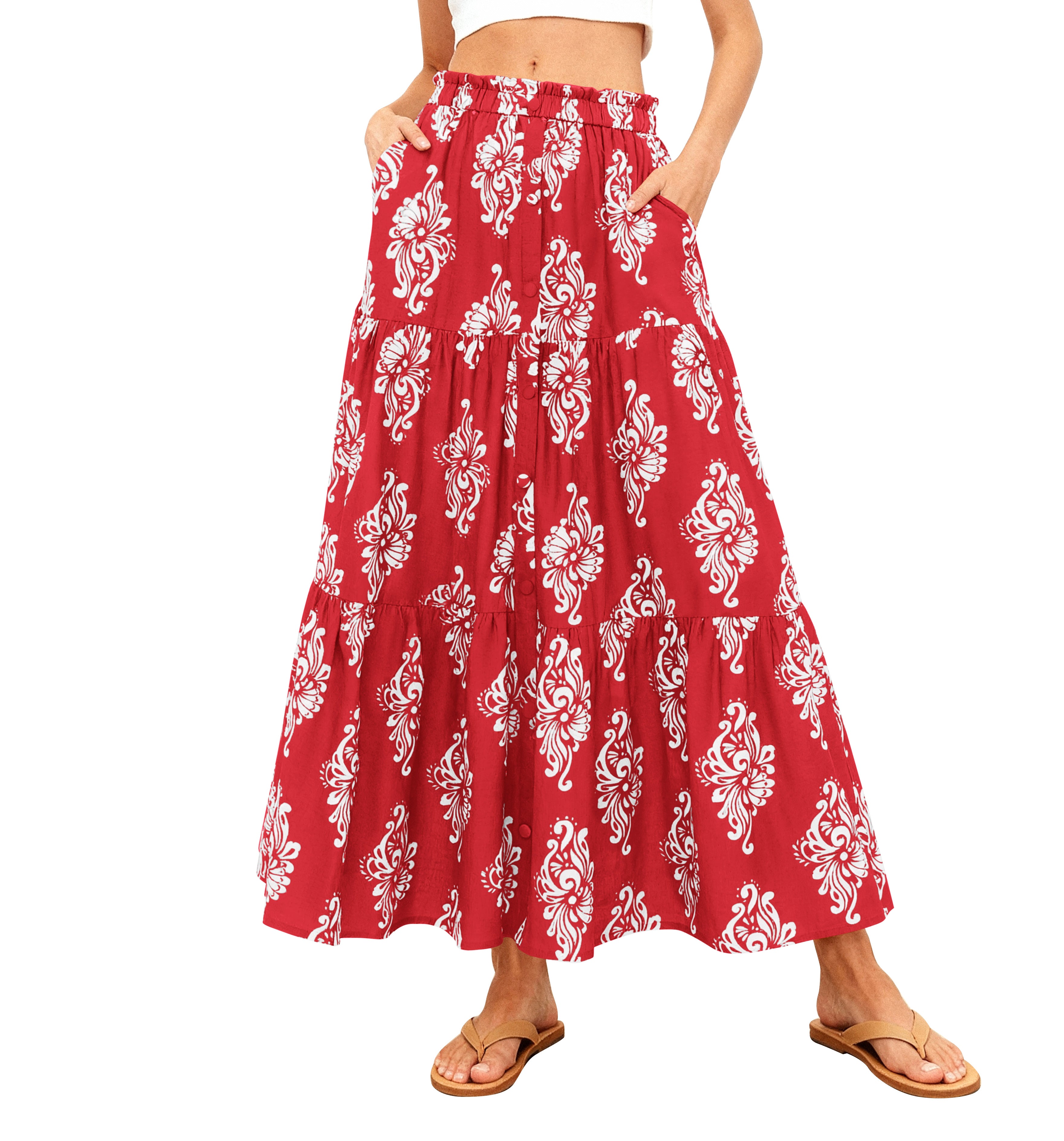 BTFBM Long Skirts for Women Summer 2026 Elastic High Waist Flowy A Line Casual Boho Tiered Floral Maxi Skirt Pockets