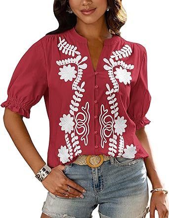 BTFBM Women's 2026 Spring Tops Casual Floral Boho V Neck Puff Short Sleeve Button Down Shirts Embroidered Blouses Tunic