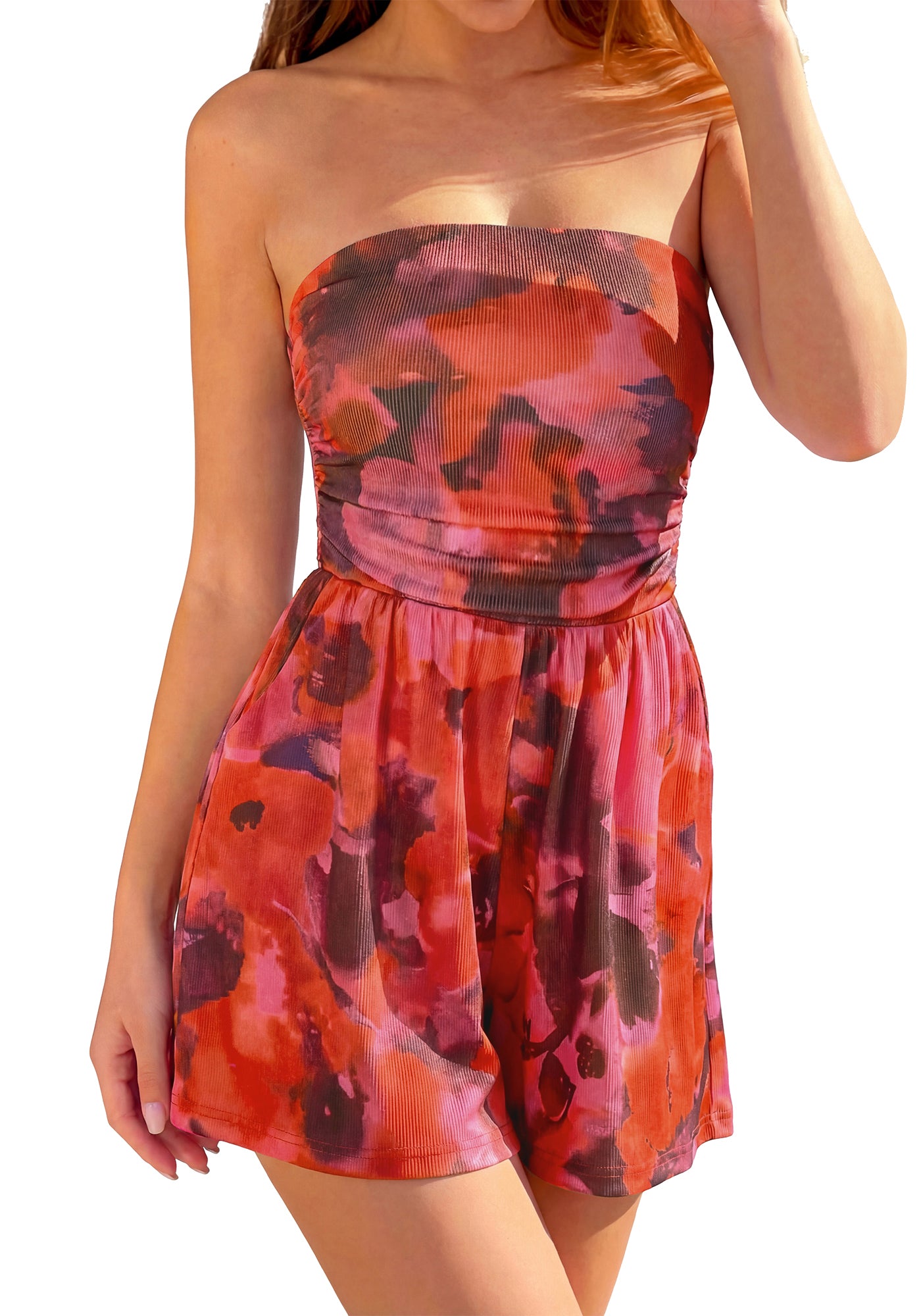 BTFBM Romper For Women 2026 Spring Strapless Printed Tube Boho Wide Leg Beach Short Jumpsuit Summer Date Night Rompers