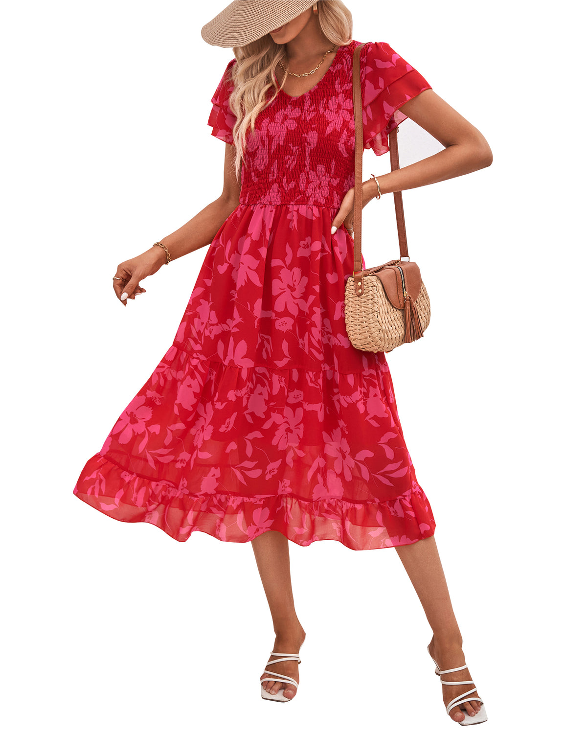 BTFBM Women Casual Summer Dresses Wedding Guest Dress  Ruffles Tiered Sleeves, Smocked,V Neck,Midi,Boho Dress,Floral,Solid,Homecoming,Cocktail,Party,Beach Vacation Clothes
