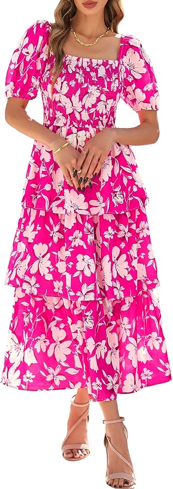 BTFBM Womens Square Neck Smocked Dress Summer Puff Short Sleeve Floral Casual Ruffle Tiered Maxi Wedding Guest Dresses