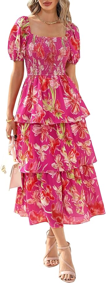 BTFBM Womens Square Neck Smocked Dress Summer Puff Short Sleeve Floral Casual Ruffle Tiered Maxi Wedding Guest Dresses