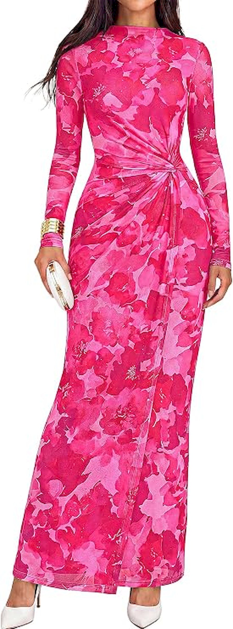 BTFBM Cocktail Dresses for Women Fall Fashion 2026 | Mock Neck, Floral, Sheer Mesh, Long Sleeve, Ruched, Twist Knot, Slit, Graduation,Baby Shower, Maxi Formal Wedding Guest Dress