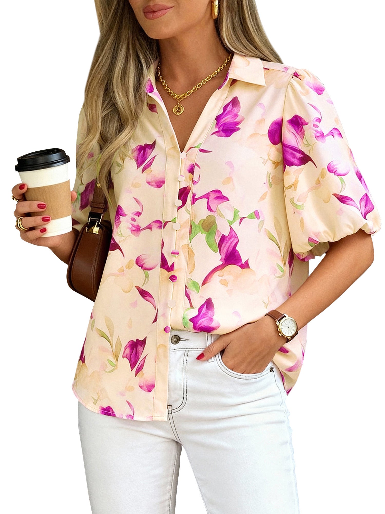 BTFBM Womens Tops Summer Button Down Shirts Casual Short Sleeve V Neck Floral Boho Business Blouses Vacation Outfits