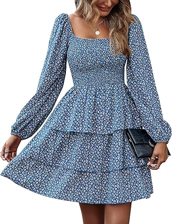 BTFBM Womens Long Sleeve Dress Vacation Square Neck Smocked Floral Swiss Dot Mini Boho Spring Wedding Guest Dresses 2026