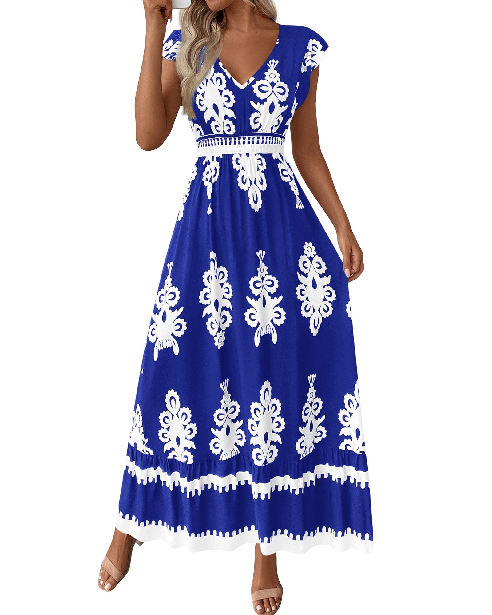 Summer Dresses for Women Beach Fashion Floral Short Sleeve V Neck Boho Long Wedding Guest Maxi Dress Spring