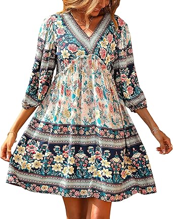 BTFBM Women Casual Spring Summer Dresses V Neck 3/4 Long Sleeve Ruffle Floral Flowy Boho Babydoll Mini Short Beach Dress