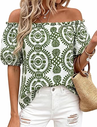 BTFBM Off The Shoulder Spring Tops for Women Summer Blouses Boho Floral Short Sleeve Shirts Dressy Casual Outfits 2026